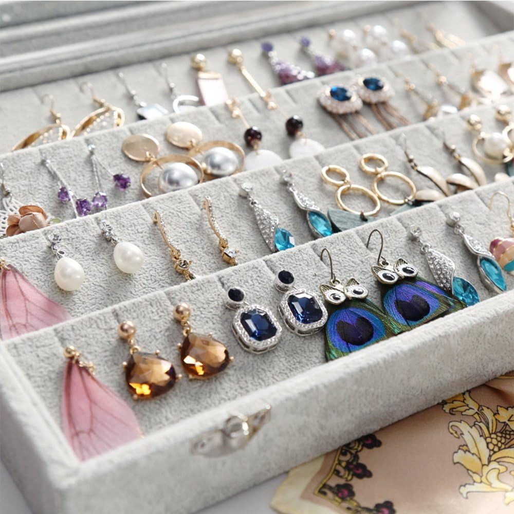 Velvet Jewelry Organizer Clear Lid Earring Holder Organizer 32 Pairs Earrings Storage Stud Tray Showcase Display Case(Earring Storage)
