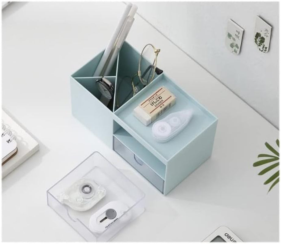 Desktop Storage Organizer Pen Holder for Desk Cute Pencil Holder with 2 Drawer Desk Organization for Office, Home, School(Blue)