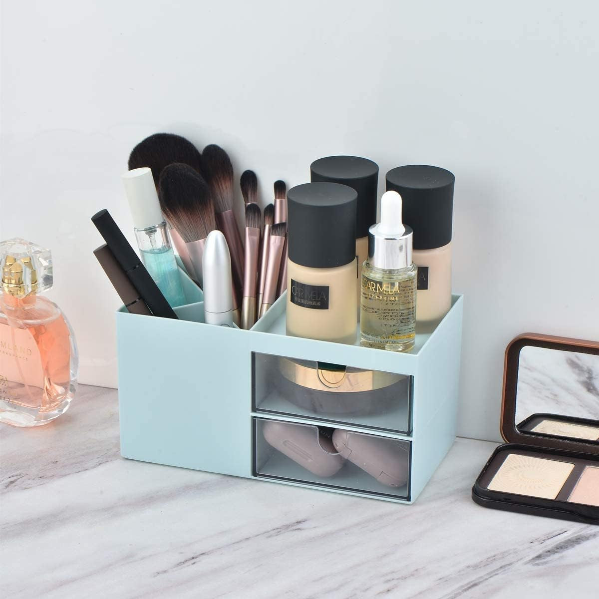 Desktop Storage Organizer Pen Holder for Desk Cute Pencil Holder with 2 Drawer Desk Organization for Office, Home, School(Blue)