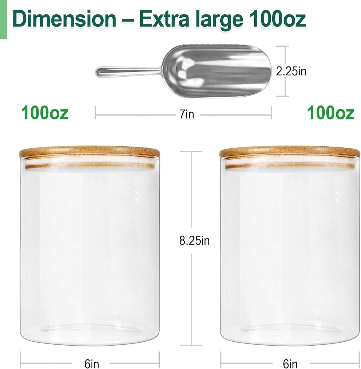 Glass Jar with Bamboo Lids (2 Sets 100Oz) with Metal Scoop, Food Storage Containers with Airtight Lids, Glass Canisters Sets, Flour Container Jar