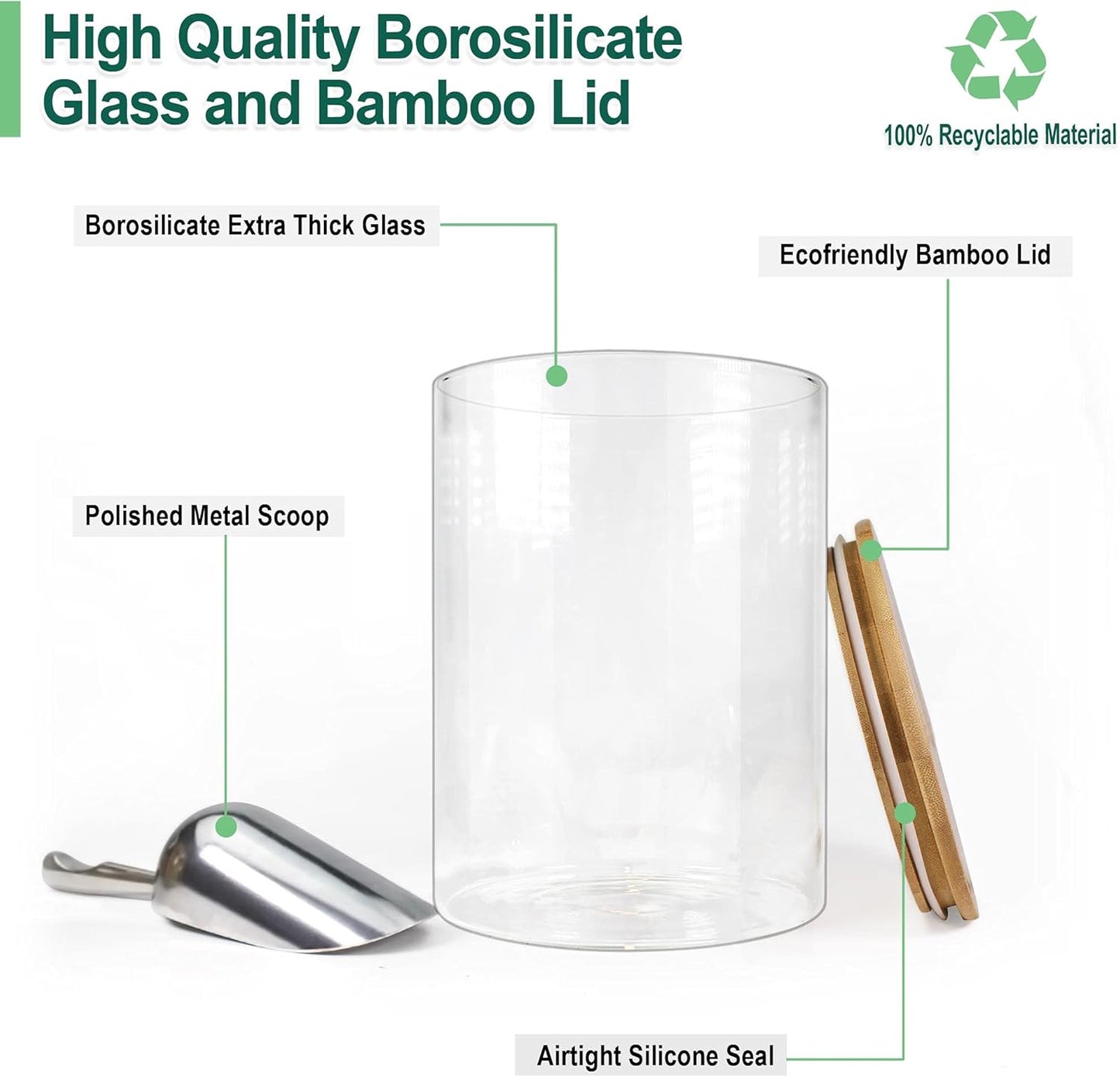 Glass Jar with Bamboo Lids (2 Sets 100Oz) with Metal Scoop, Food Storage Containers with Airtight Lids, Glass Canisters Sets, Flour Container Jar