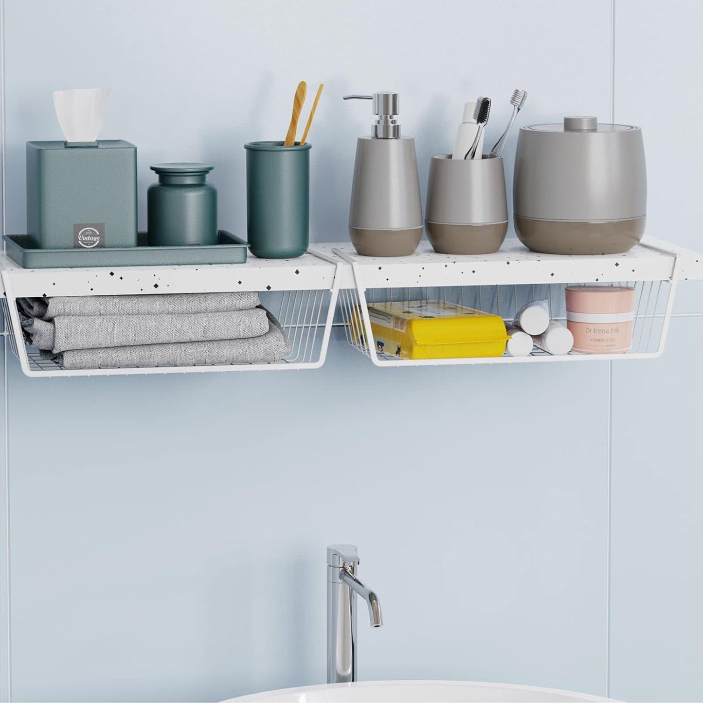 Under Shelf Basket, 4 Pack Storage under Cabinet Shelf Wire Basket, Pantry Organizer, under Cabinet Baskets for Storage, White