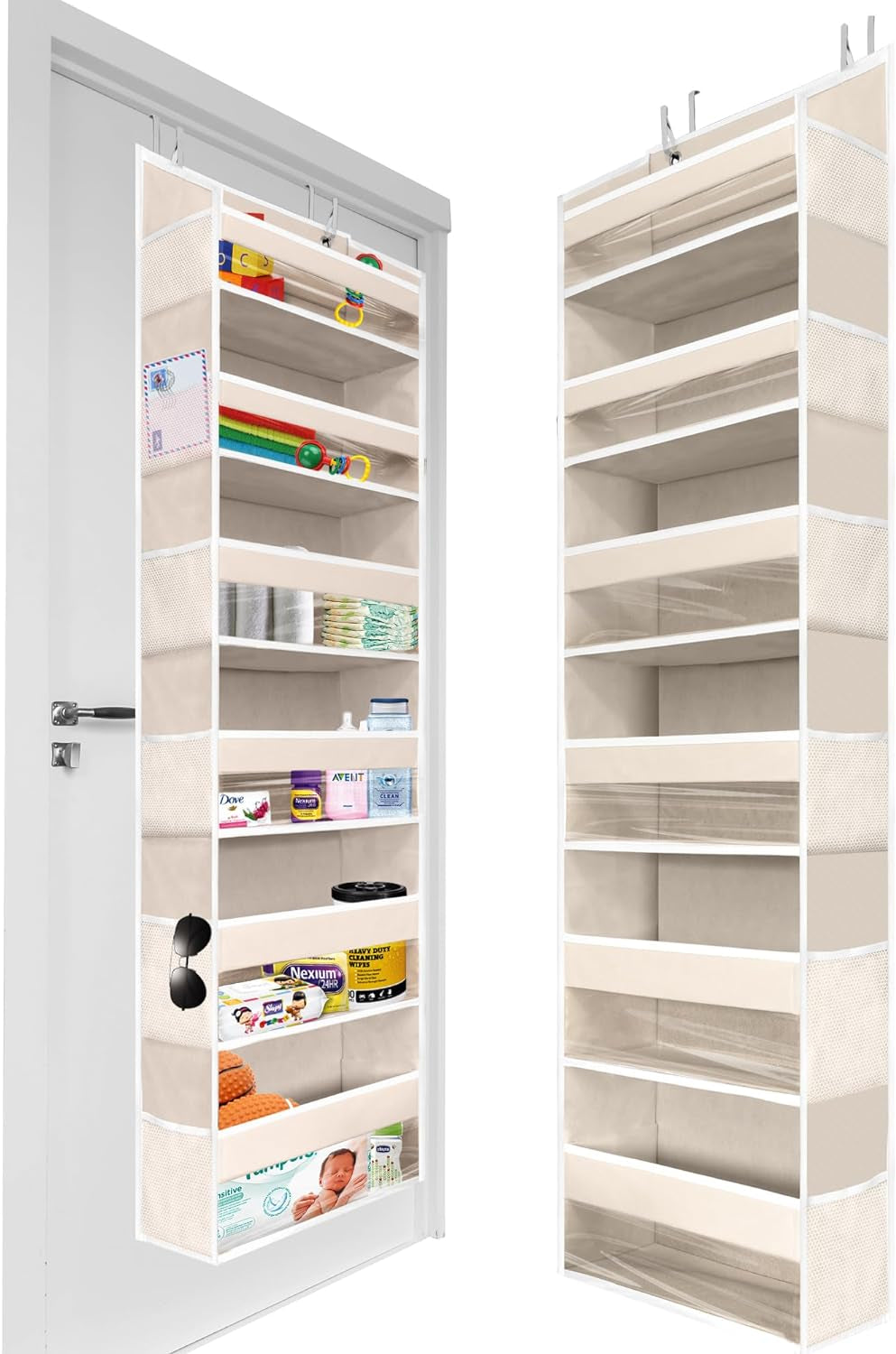 1 PC Heavy Duty over the Door Organizer 55X14X6.7, 6 Large Front & 12 Side Pockets, Hanging Storage Closet Door Organizer for Bedroom, Bathroom and Baby Nursery Storage (Ivory)