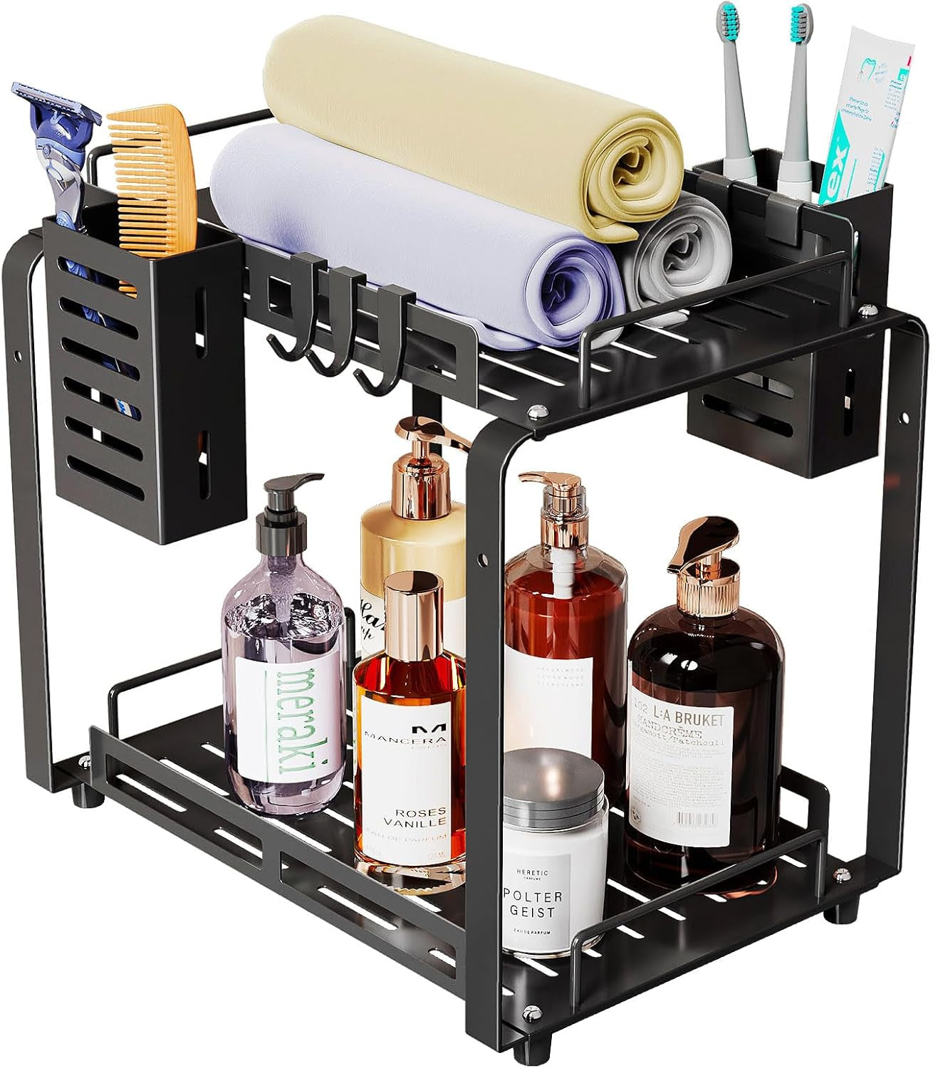 Bathroom Countertop Organizer, 2 Tier Kitchen Spice Rack Organizer, Larger Bathroom Counter Organizer with 2 Pcs Basket, Counter Storage Shelves for Metal Black