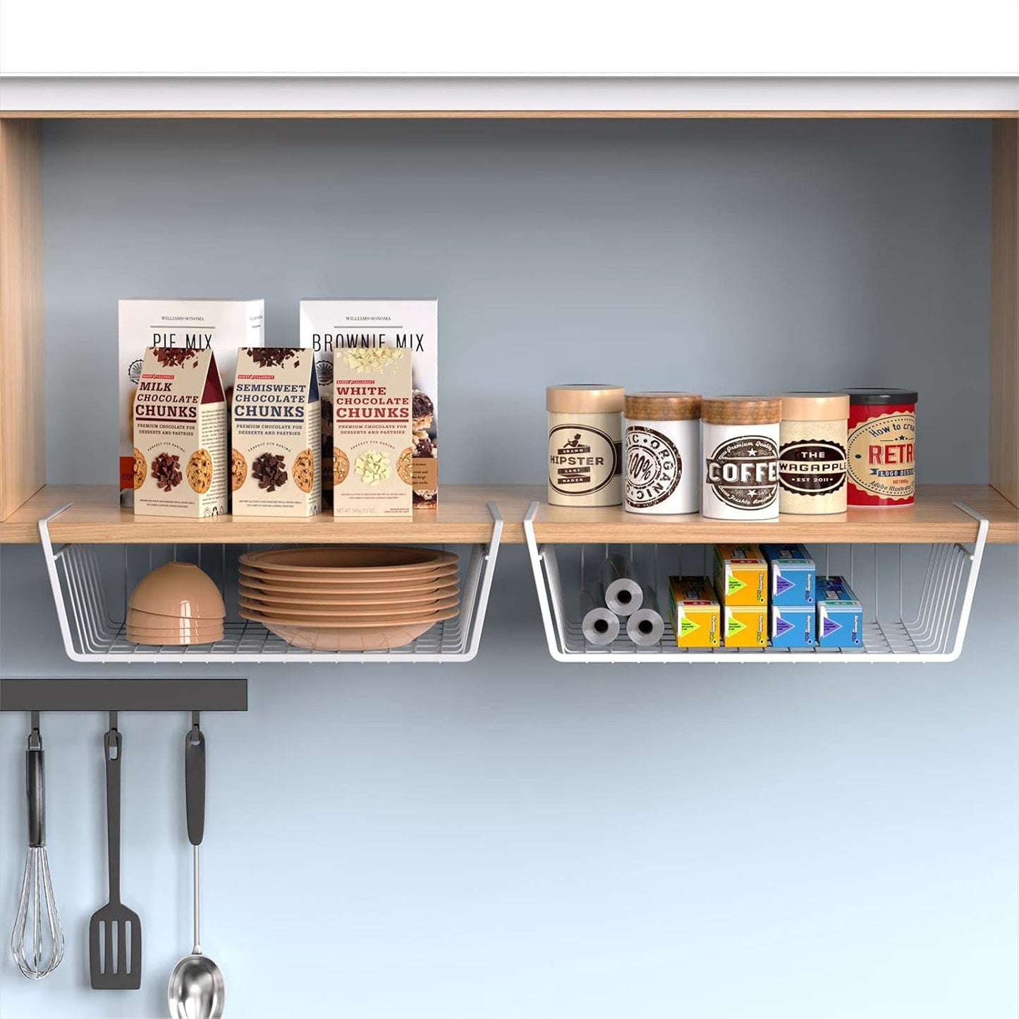 Under Shelf Basket, 4 Pack Storage under Cabinet Shelf Wire Basket, Pantry Organizer, under Cabinet Baskets for Storage, White