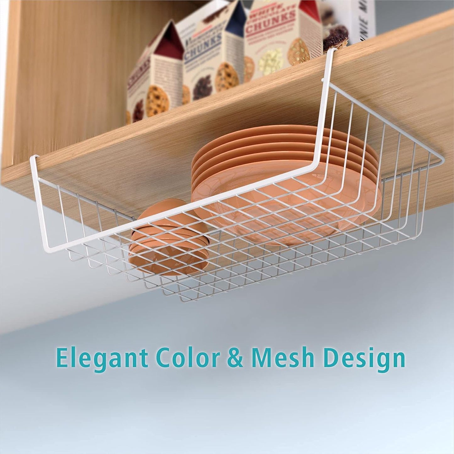 Under Shelf Basket, 4 Pack Storage under Cabinet Shelf Wire Basket, Pantry Organizer, under Cabinet Baskets for Storage, White