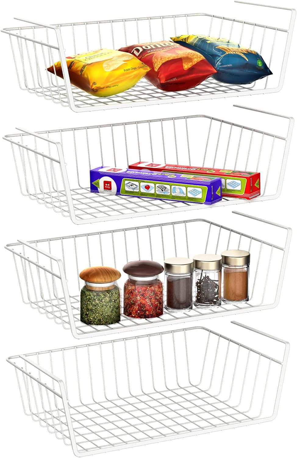 Under Shelf Basket, 4 Pack Storage under Cabinet Shelf Wire Basket, Pantry Organizer, under Cabinet Baskets for Storage, White