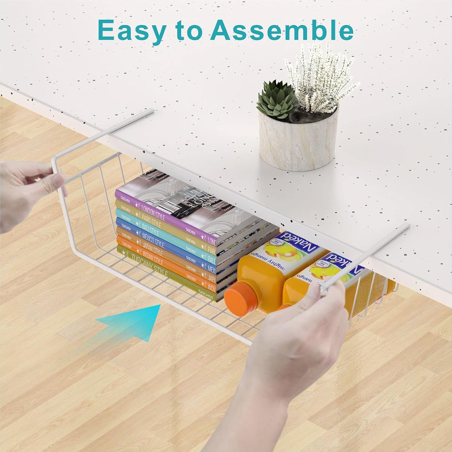 Under Shelf Basket, 4 Pack Storage under Cabinet Shelf Wire Basket, Pantry Organizer, under Cabinet Baskets for Storage, White