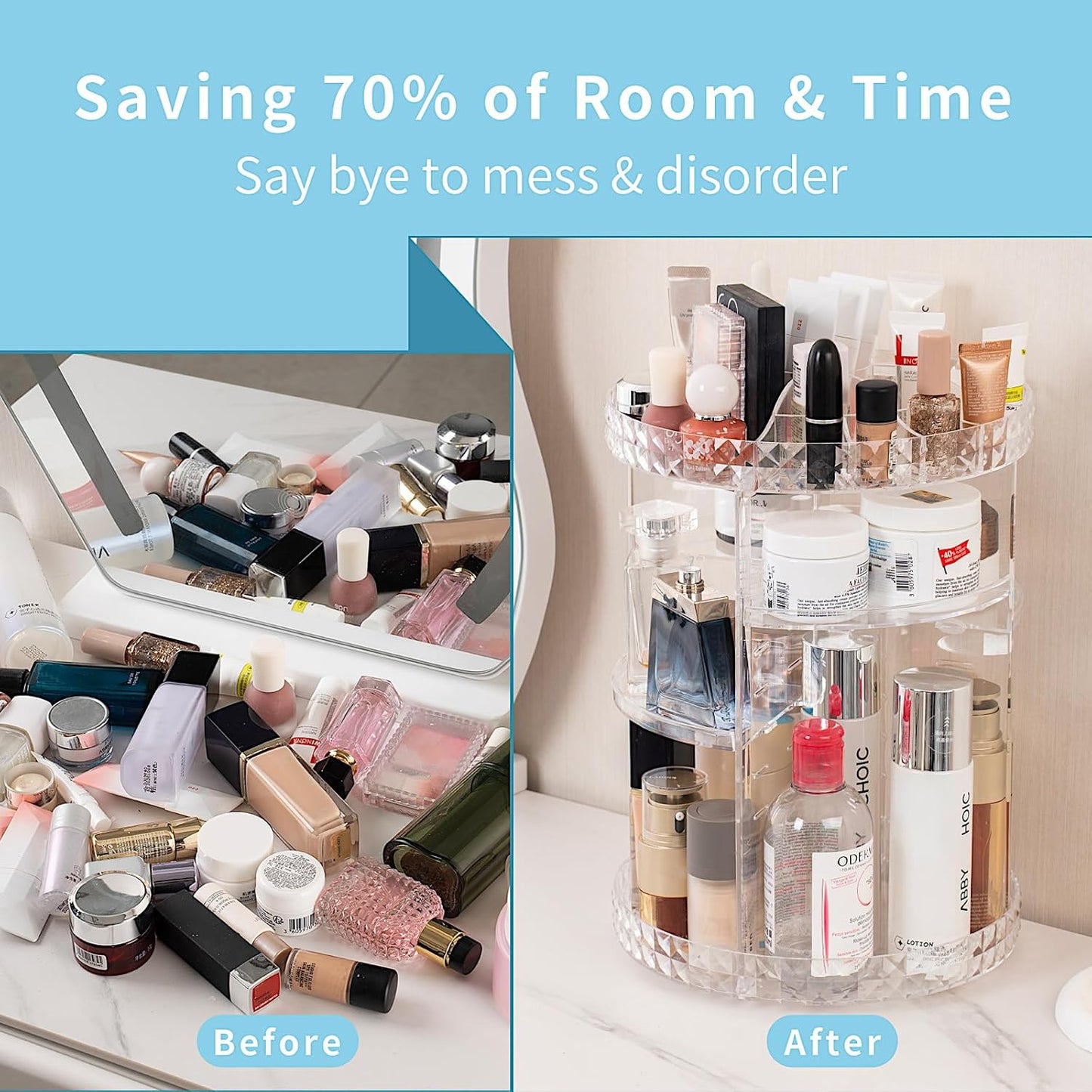 360 Rotating Makeup Organizer Perfume Organizer Clear Cosmetic Storage Display Case Large Capacity Acrylic Beauty Holder Adjustable Partition Height for Bedroom Dresser or Bathroom Vanity