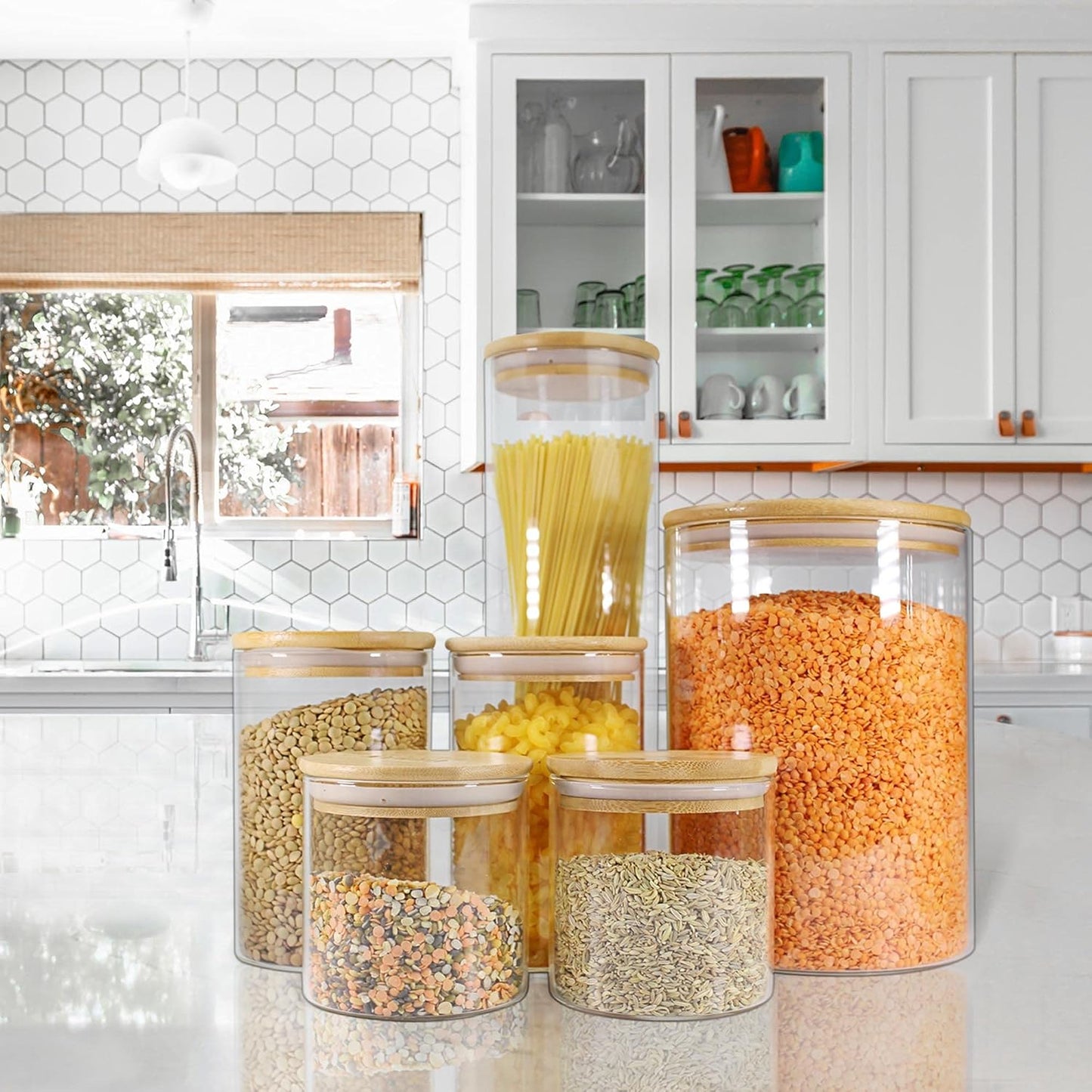 Glass Jar with Bamboo Lids (2 Sets 100Oz) with Metal Scoop, Food Storage Containers with Airtight Lids, Glass Canisters Sets, Flour Container Jar