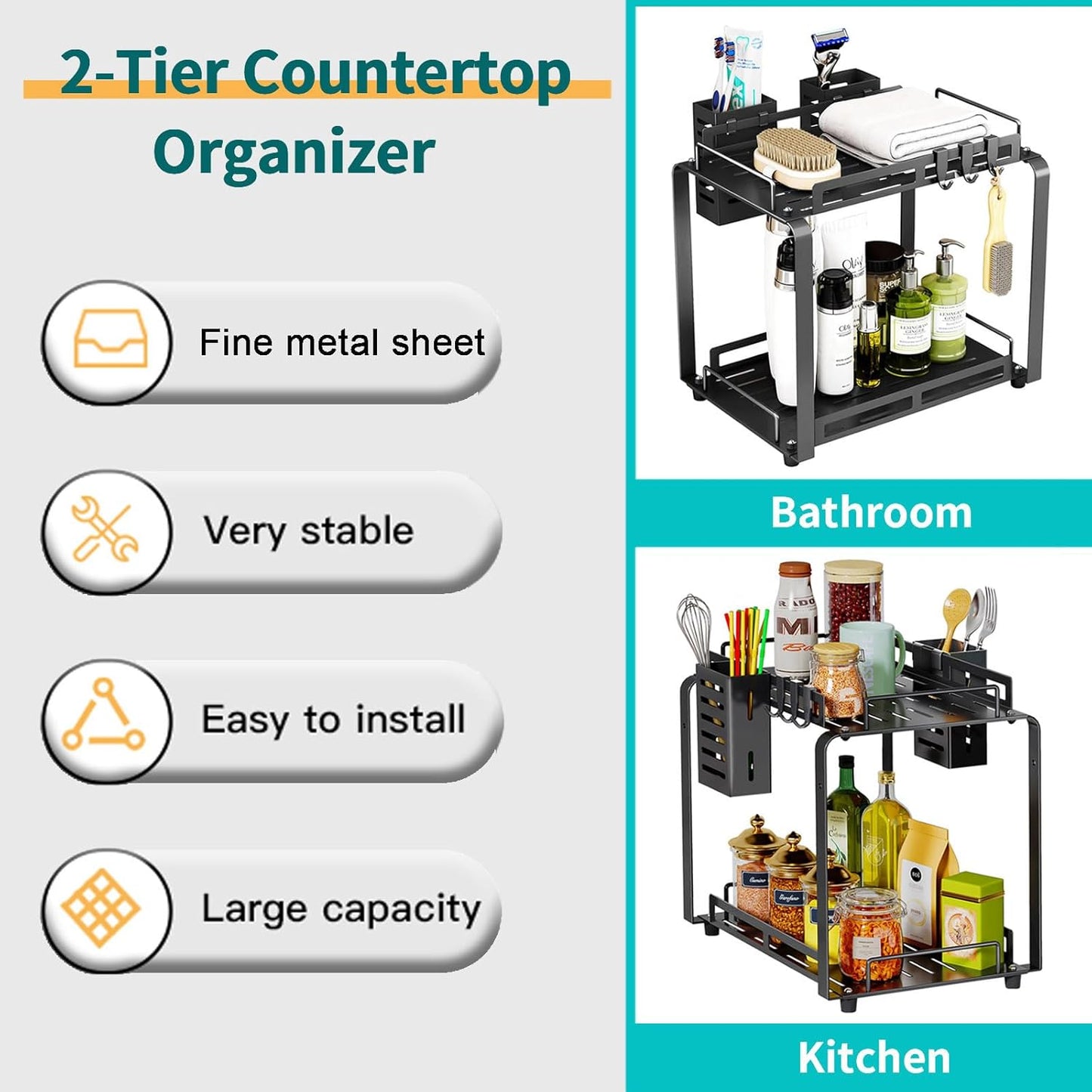 Bathroom Countertop Organizer, 2 Tier Kitchen Spice Rack Organizer, Larger Bathroom Counter Organizer with 2 Pcs Basket, Counter Storage Shelves for Metal Black