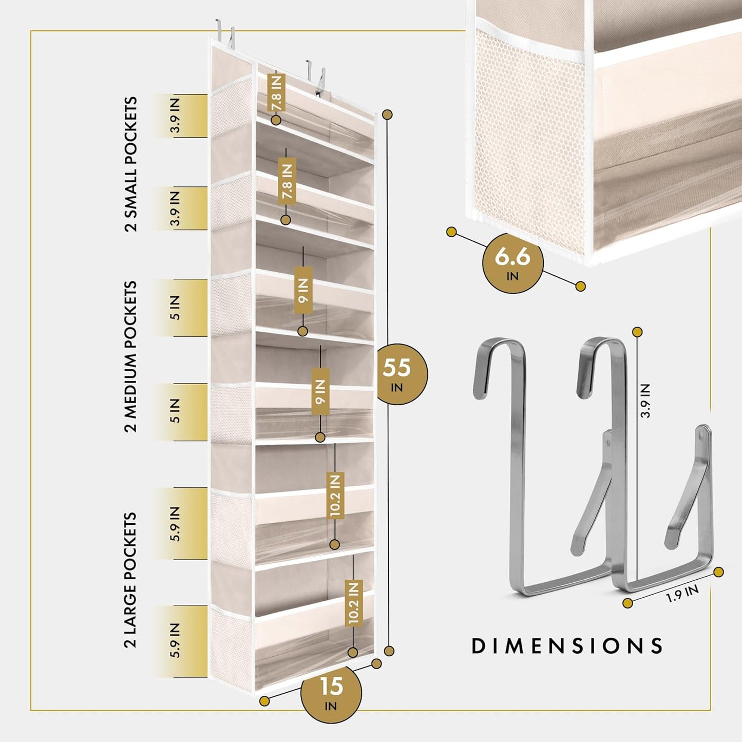 1 PC Heavy Duty over the Door Organizer 55X14X6.7, 6 Large Front & 12 Side Pockets, Hanging Storage Closet Door Organizer for Bedroom, Bathroom and Baby Nursery Storage (Ivory)