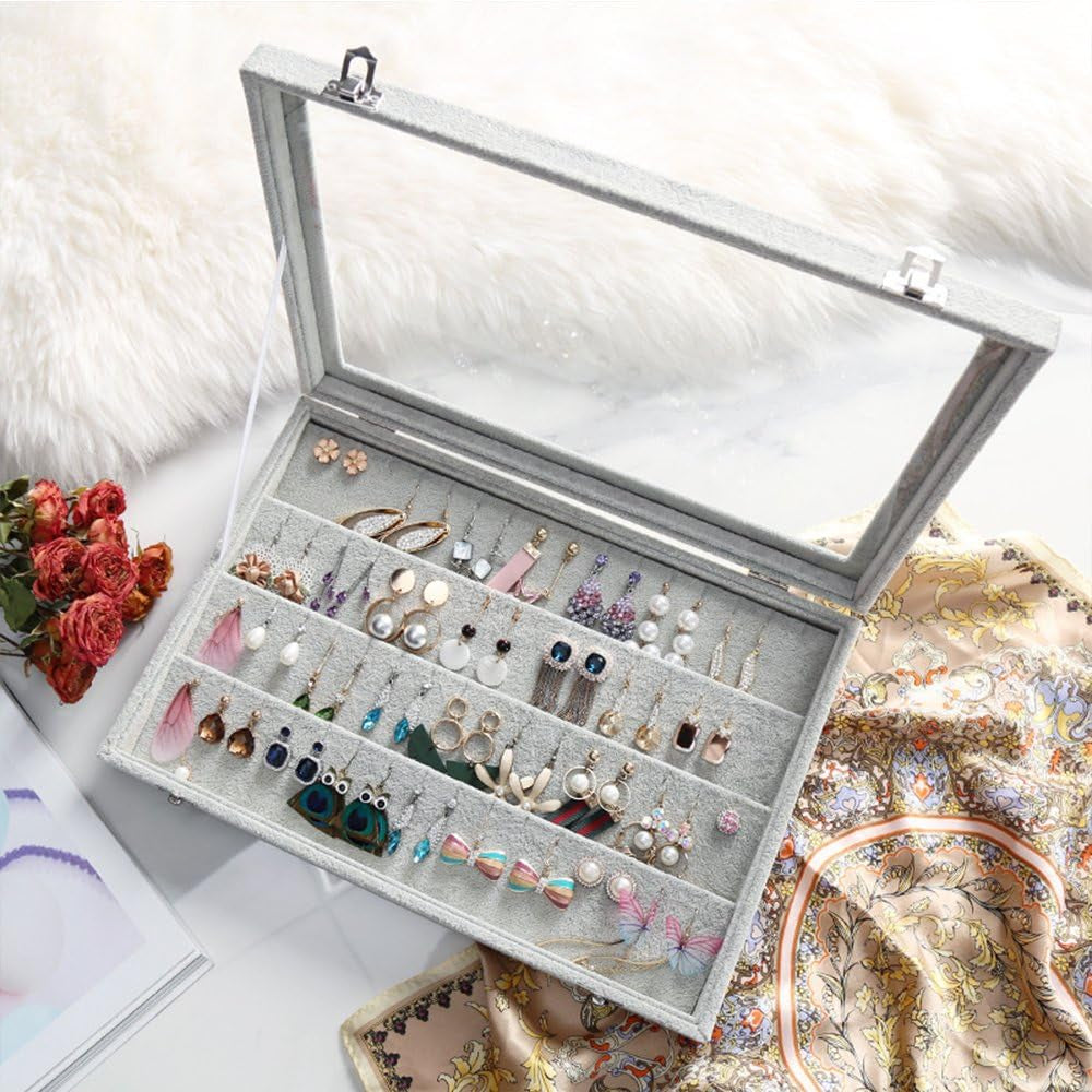 Velvet Jewelry Organizer Clear Lid Earring Holder Organizer 32 Pairs Earrings Storage Stud Tray Showcase Display Case(Earring Storage)