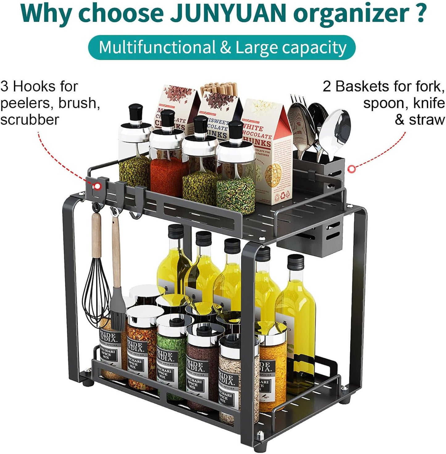 Bathroom Countertop Organizer, 2 Tier Kitchen Spice Rack Organizer, Larger Bathroom Counter Organizer with 2 Pcs Basket, Counter Storage Shelves for Metal Black
