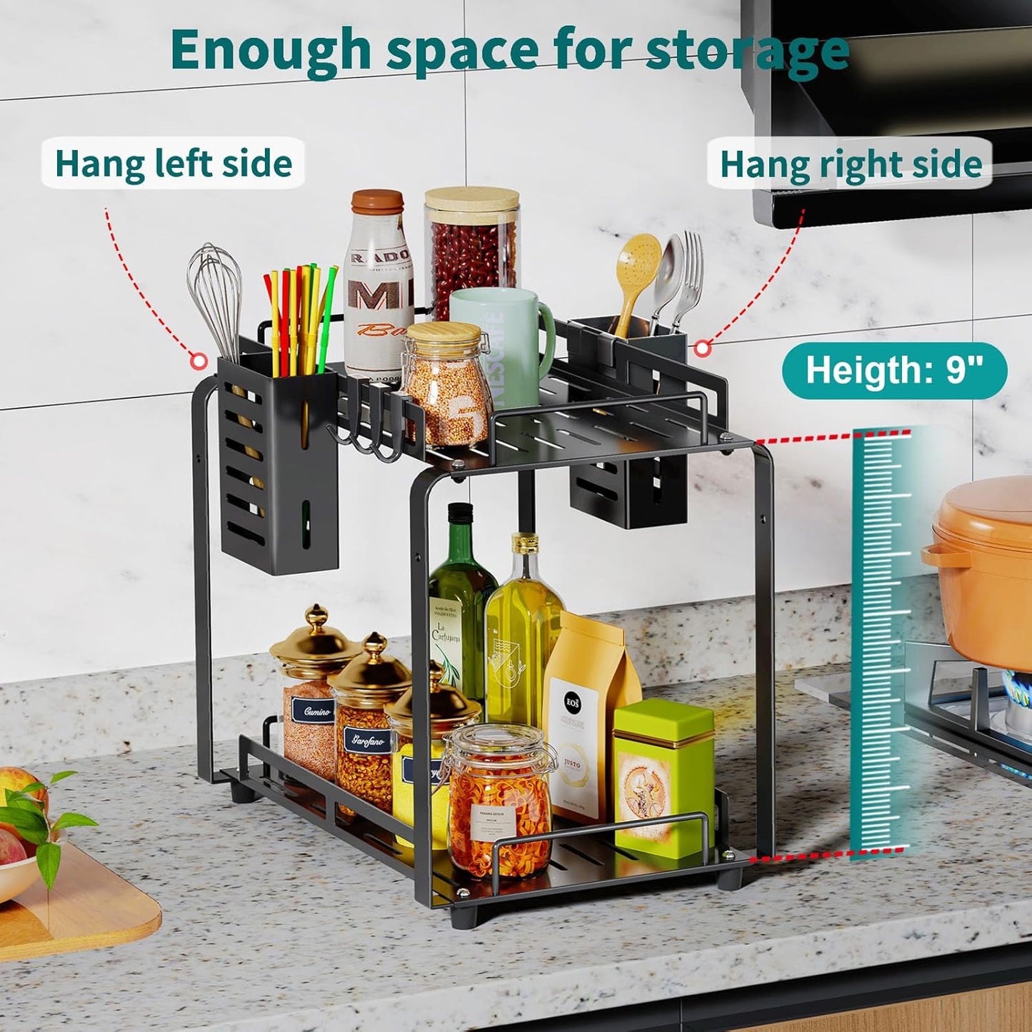 Bathroom Countertop Organizer, 2 Tier Kitchen Spice Rack Organizer, Larger Bathroom Counter Organizer with 2 Pcs Basket, Counter Storage Shelves for Metal Black