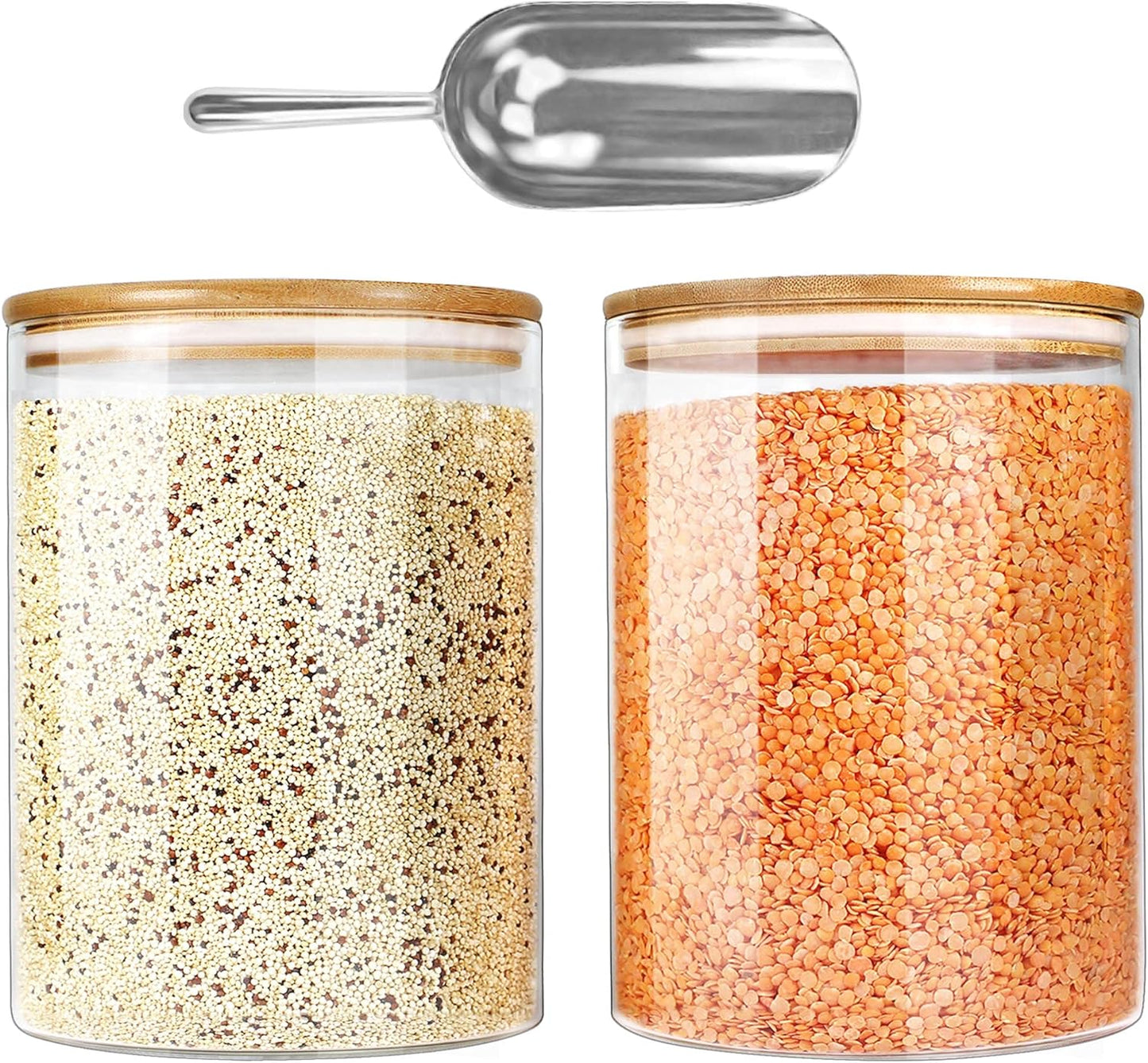Glass Jar with Bamboo Lids (2 Sets 100Oz) with Metal Scoop, Food Storage Containers with Airtight Lids, Glass Canisters Sets, Flour Container Jar