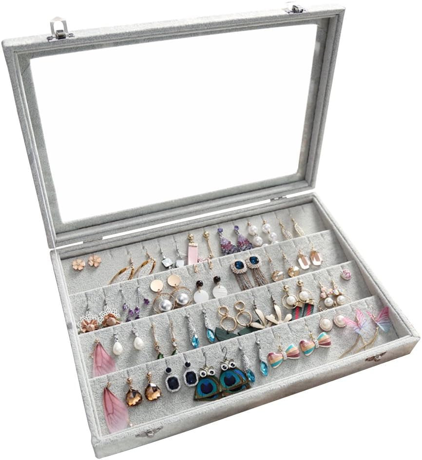 Velvet Jewelry Organizer Clear Lid Earring Holder Organizer 32 Pairs Earrings Storage Stud Tray Showcase Display Case(Earring Storage)