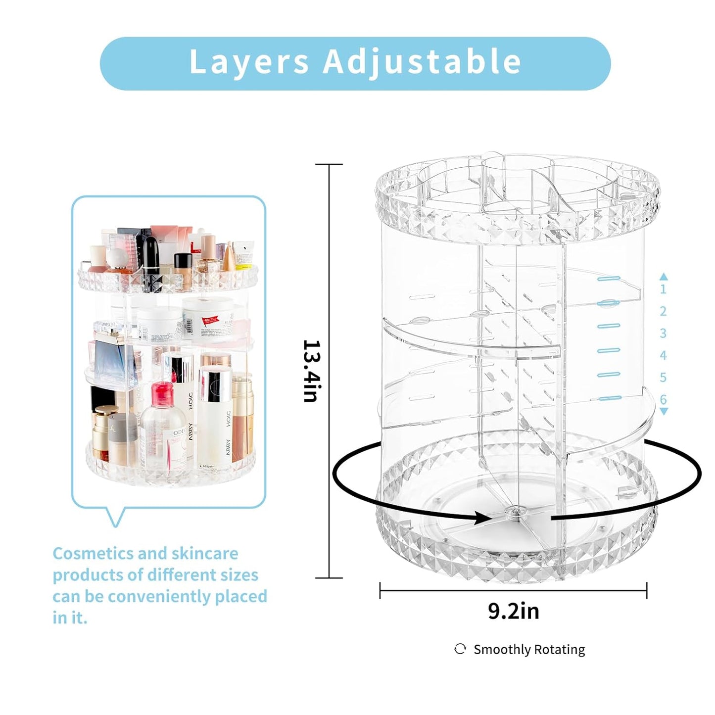 360 Rotating Makeup Organizer Perfume Organizer Clear Cosmetic Storage Display Case Large Capacity Acrylic Beauty Holder Adjustable Partition Height for Bedroom Dresser or Bathroom Vanity