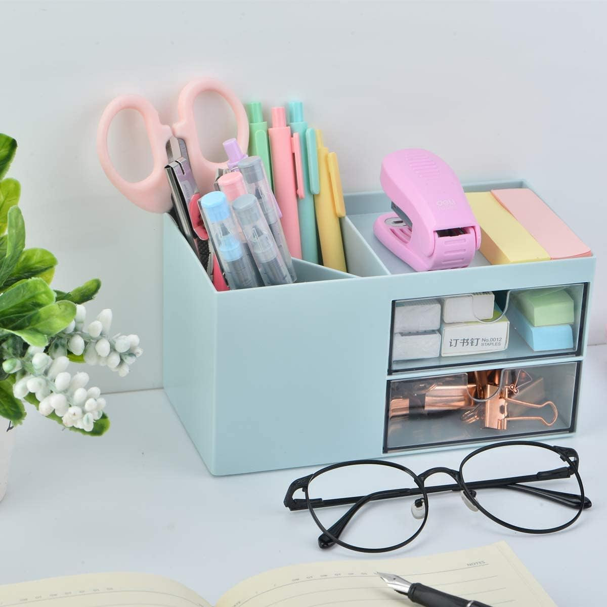 Desktop Storage Organizer Pen Holder for Desk Cute Pencil Holder with 2 Drawer Desk Organization for Office, Home, School(Blue)