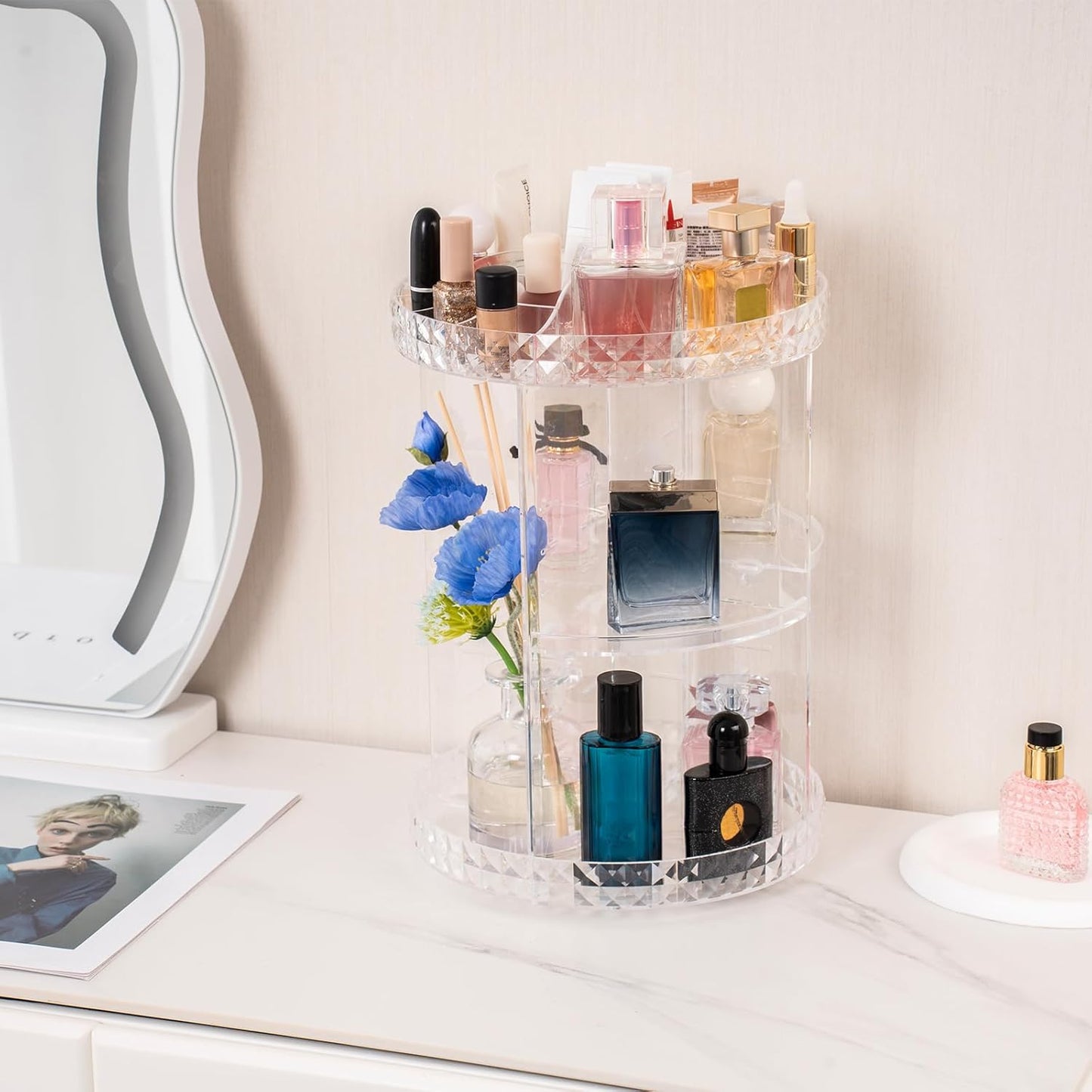 360 Rotating Makeup Organizer Perfume Organizer Clear Cosmetic Storage Display Case Large Capacity Acrylic Beauty Holder Adjustable Partition Height for Bedroom Dresser or Bathroom Vanity