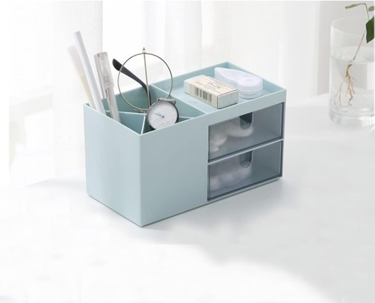 Desktop Storage Organizer Pen Holder for Desk Cute Pencil Holder with 2 Drawer Desk Organization for Office, Home, School(Blue)